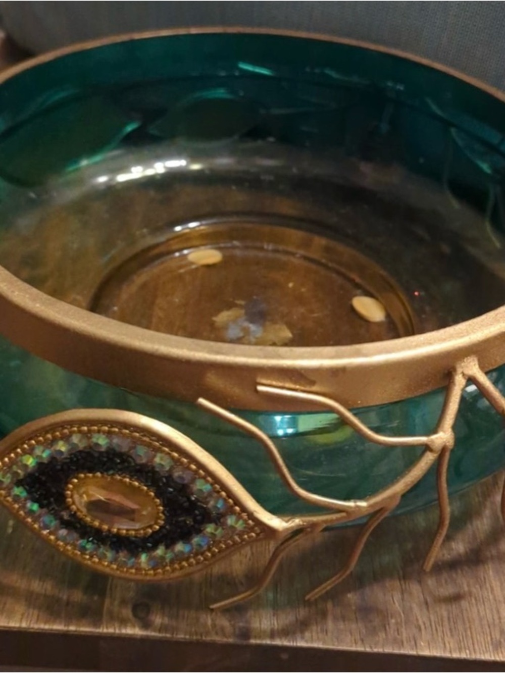 Decorative Teal Glass Bowl with Gold Accent
